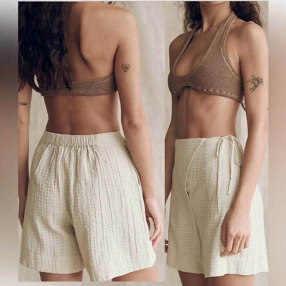 Free People free-est Pucker Check Wrap Shorts Oatmeal 100% Cotton Size L - Picture 2 of 14